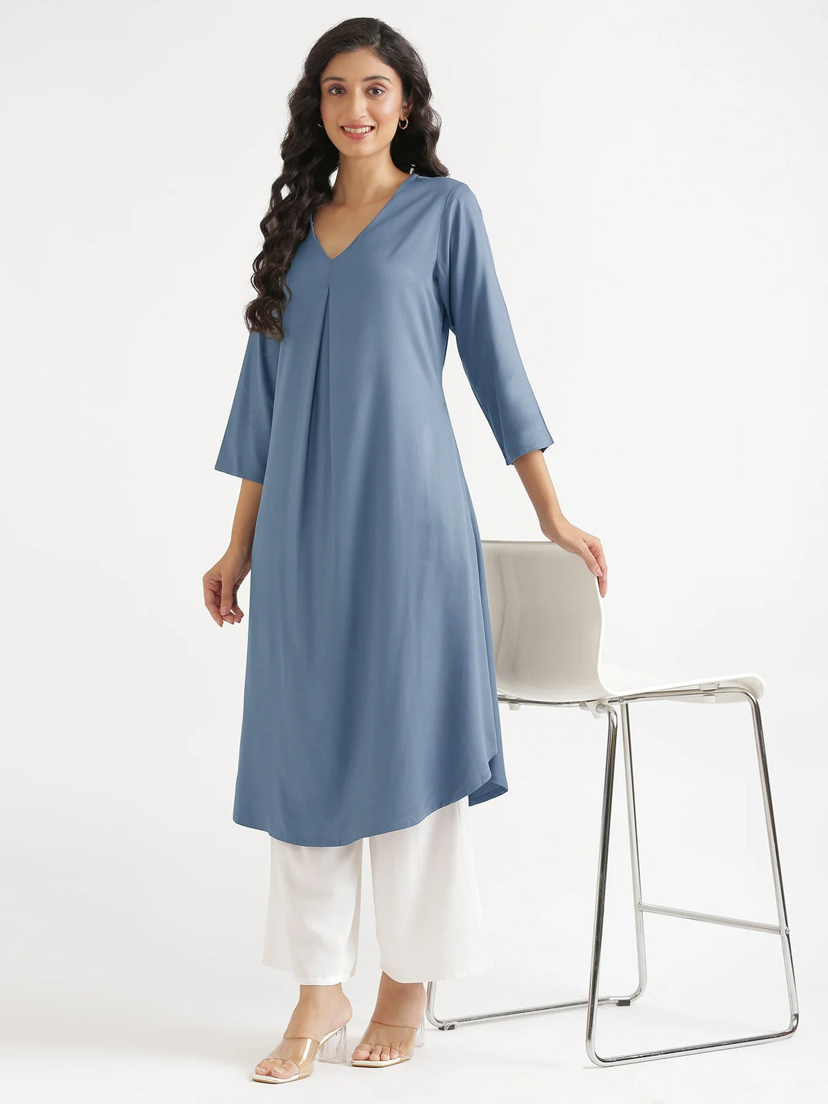 Women English Blue Flowy Pleated Kurta