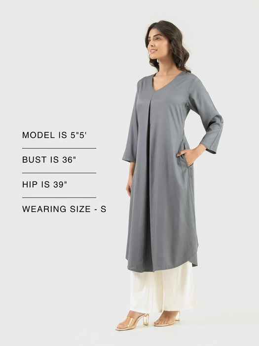 Women Grey Flowy Pleated Kurta