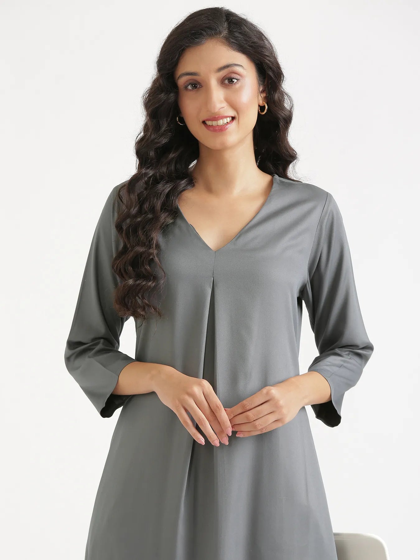 Women Grey Flowy Pleated Kurta
