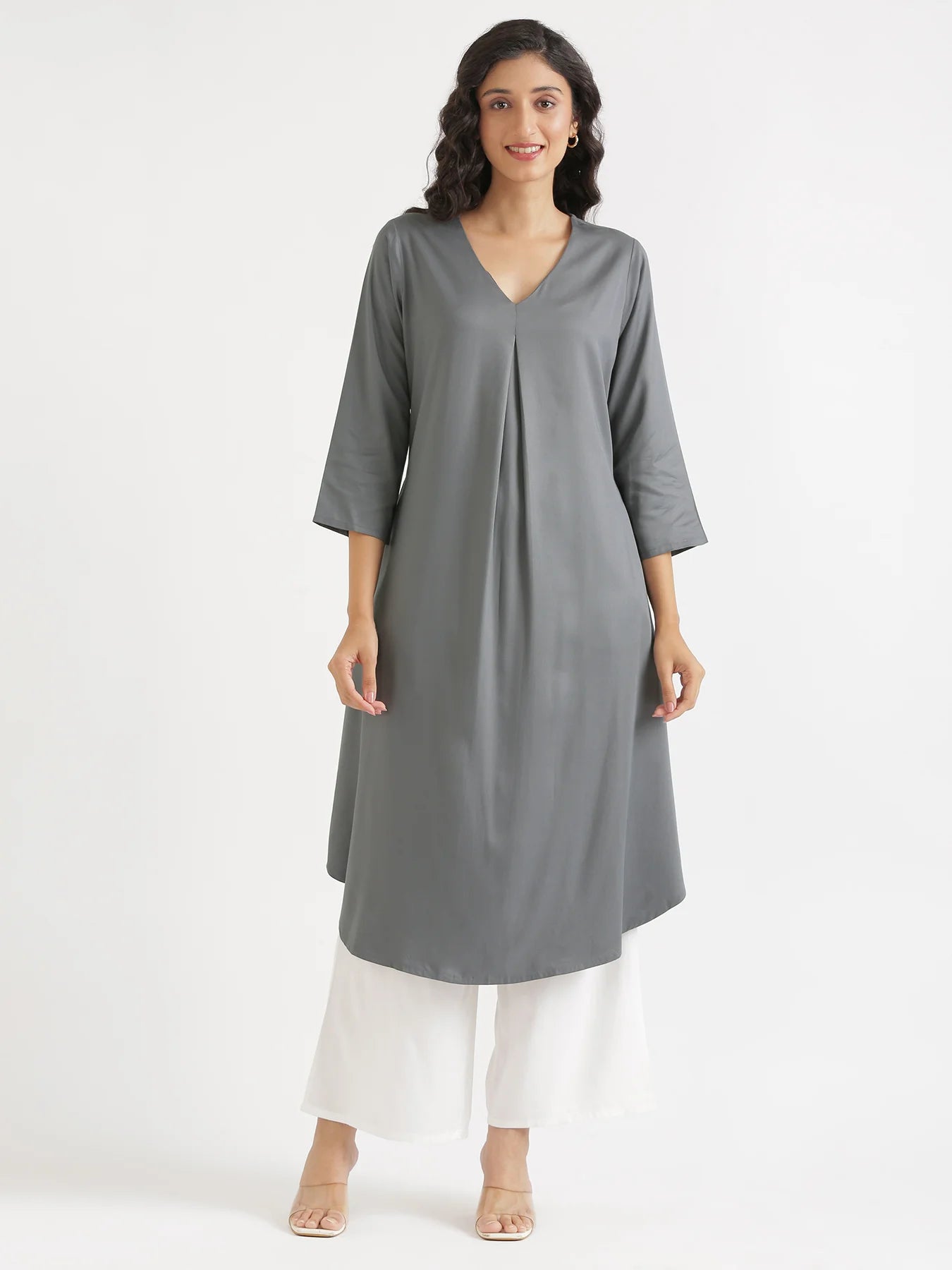 Women Grey Flowy Pleated Kurta