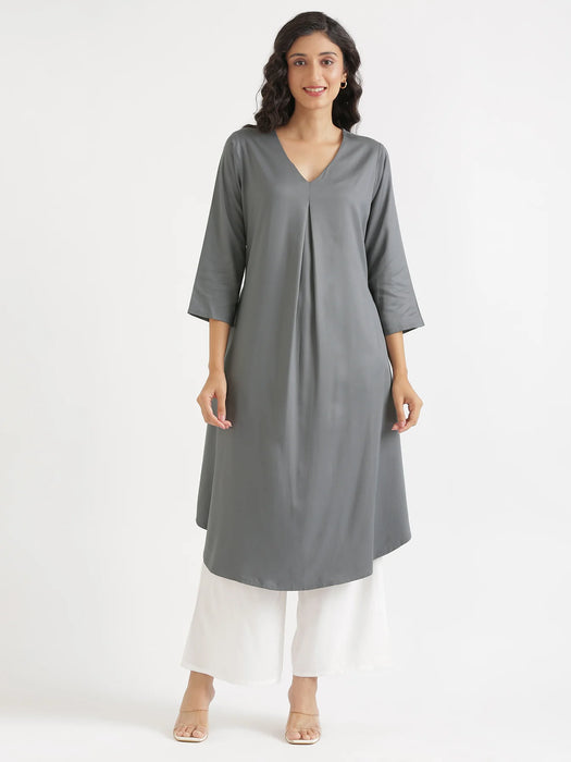 Women Grey Flowy Pleated Kurta