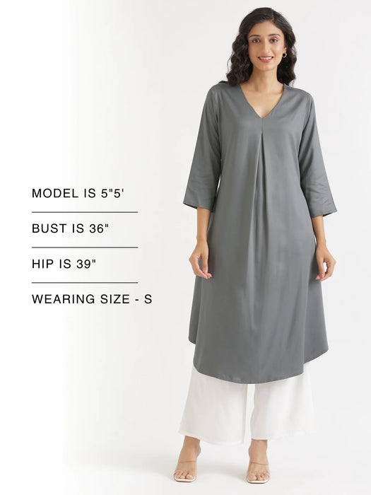 Women Grey Flowy Pleated Kurta
