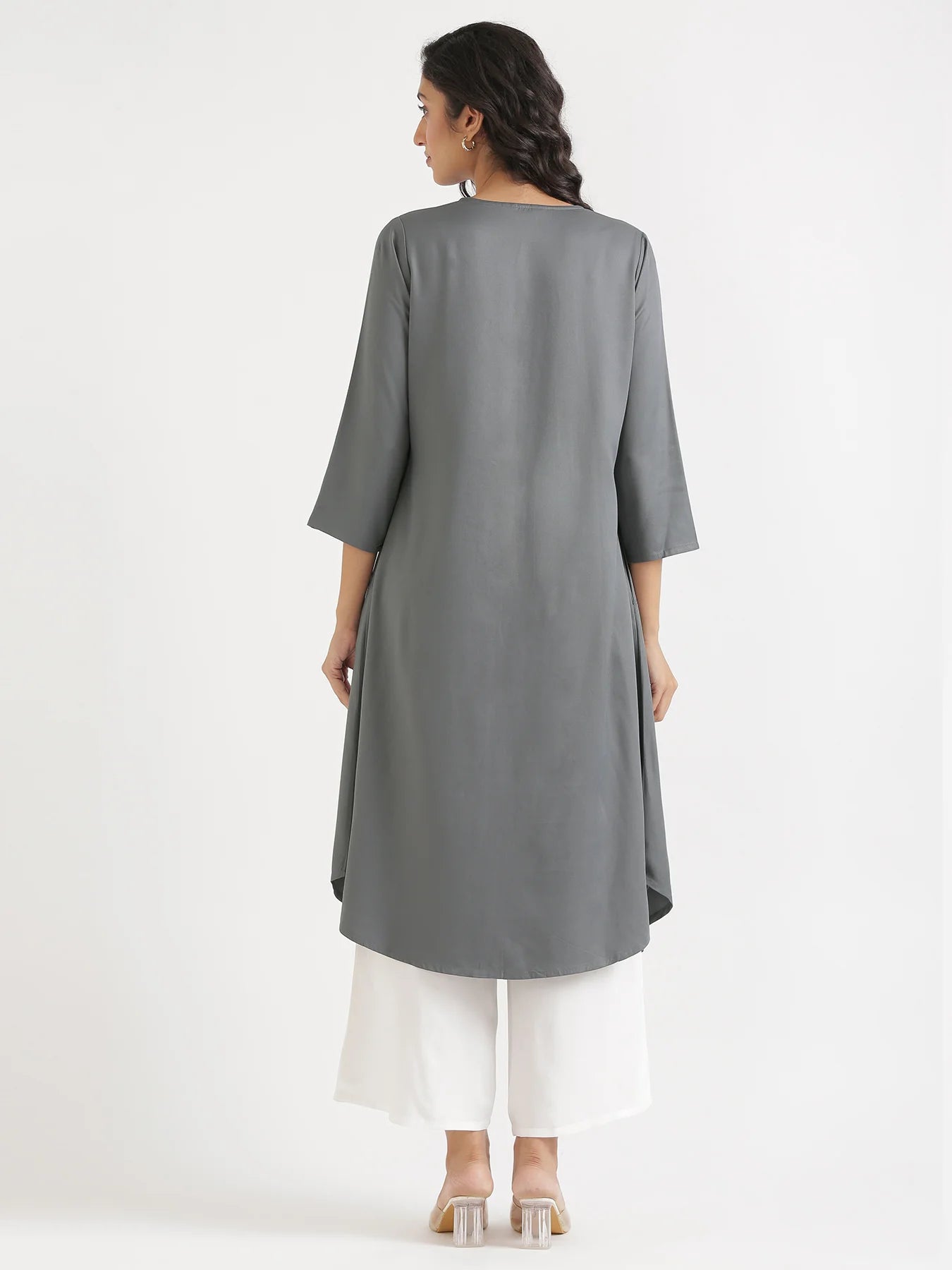Women Grey Flowy Pleated Kurta