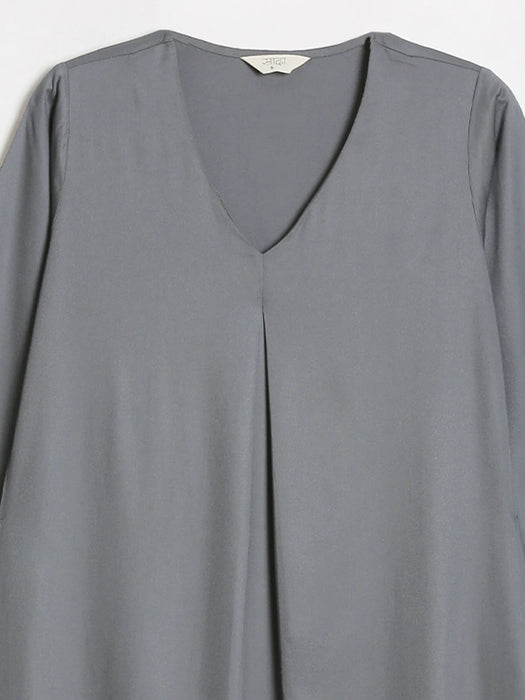 Women Grey Flowy Pleated Kurta