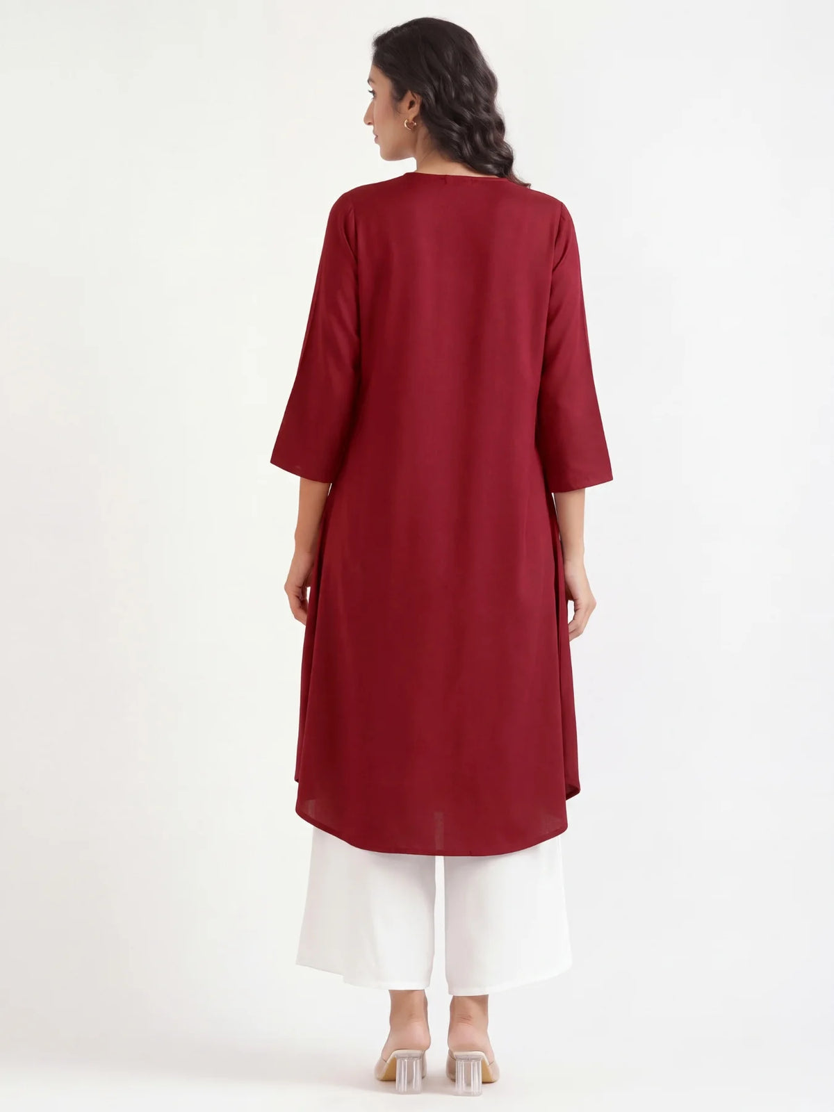 Women Maroon Flowy Pleated Kurta