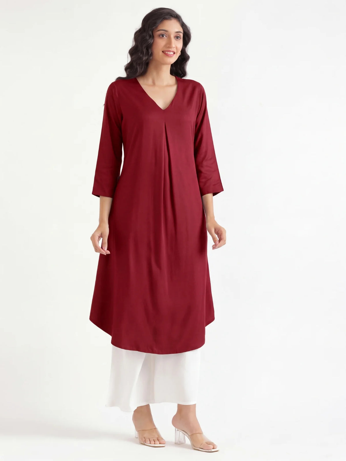 Women Maroon Flowy Pleated Kurta