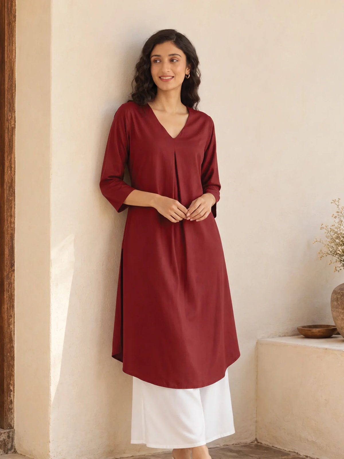 Women Maroon Flowy Pleated Kurta