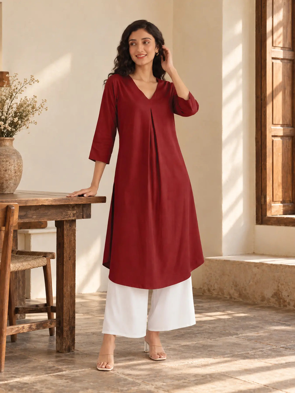 Women Maroon Flowy Pleated Kurta