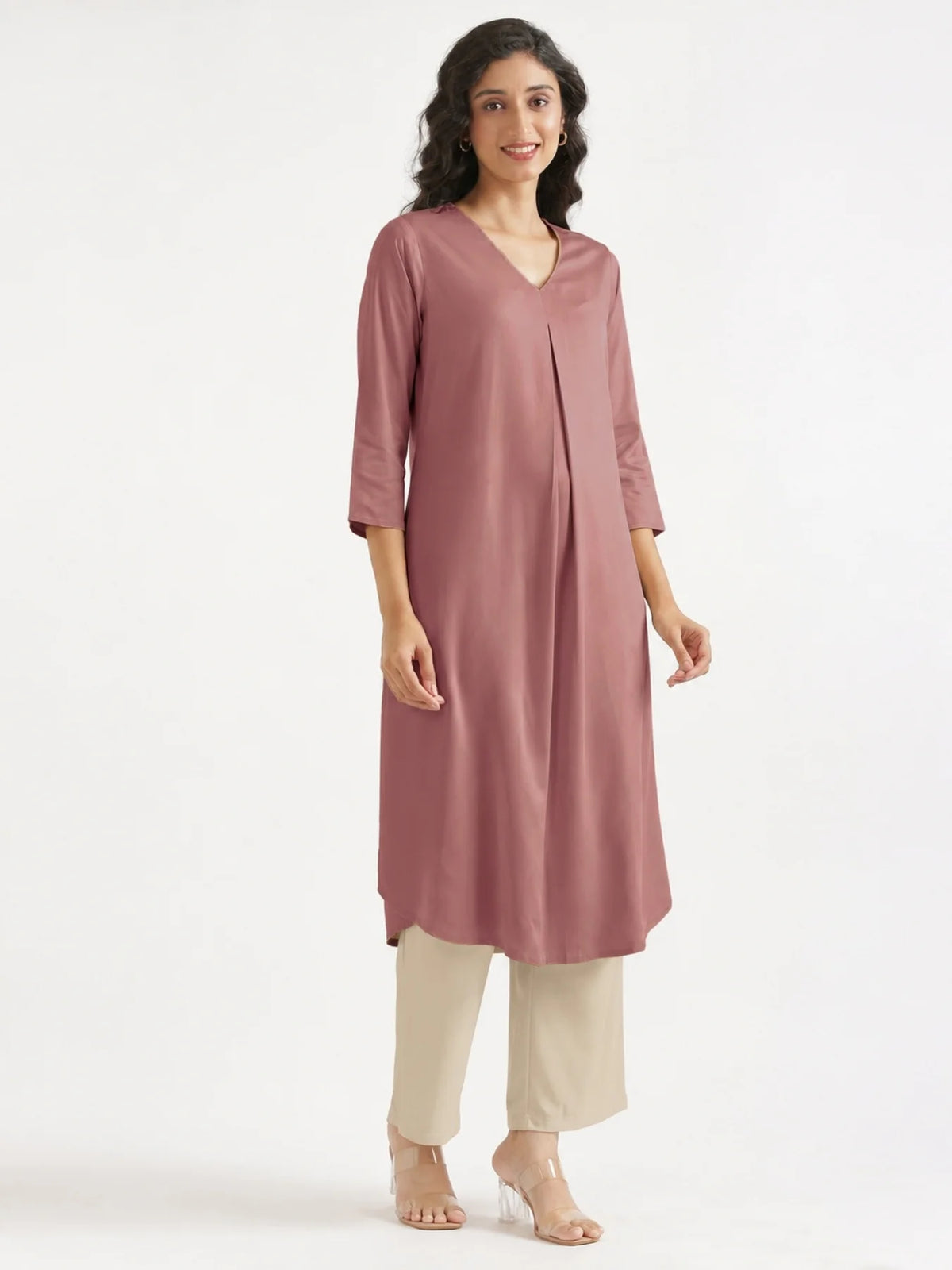 Women Rose Taupe Flowy Pleated Kurta