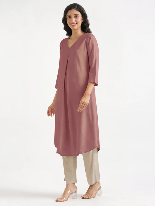 Women Rose Taupe Flowy Pleated Kurta