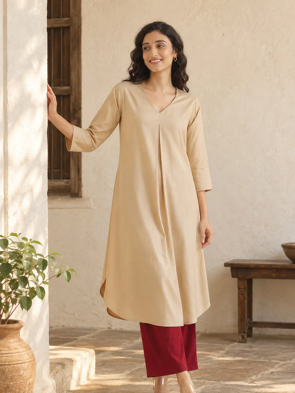 Women Taupe Flowy Pleated Kurta