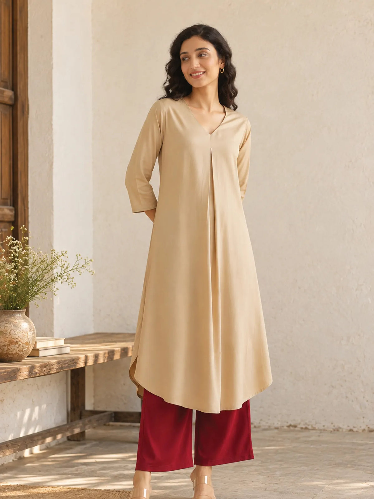 Women Taupe Flowy Pleated Kurta
