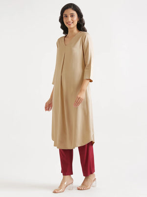 Women Taupe Flowy Pleated Kurta