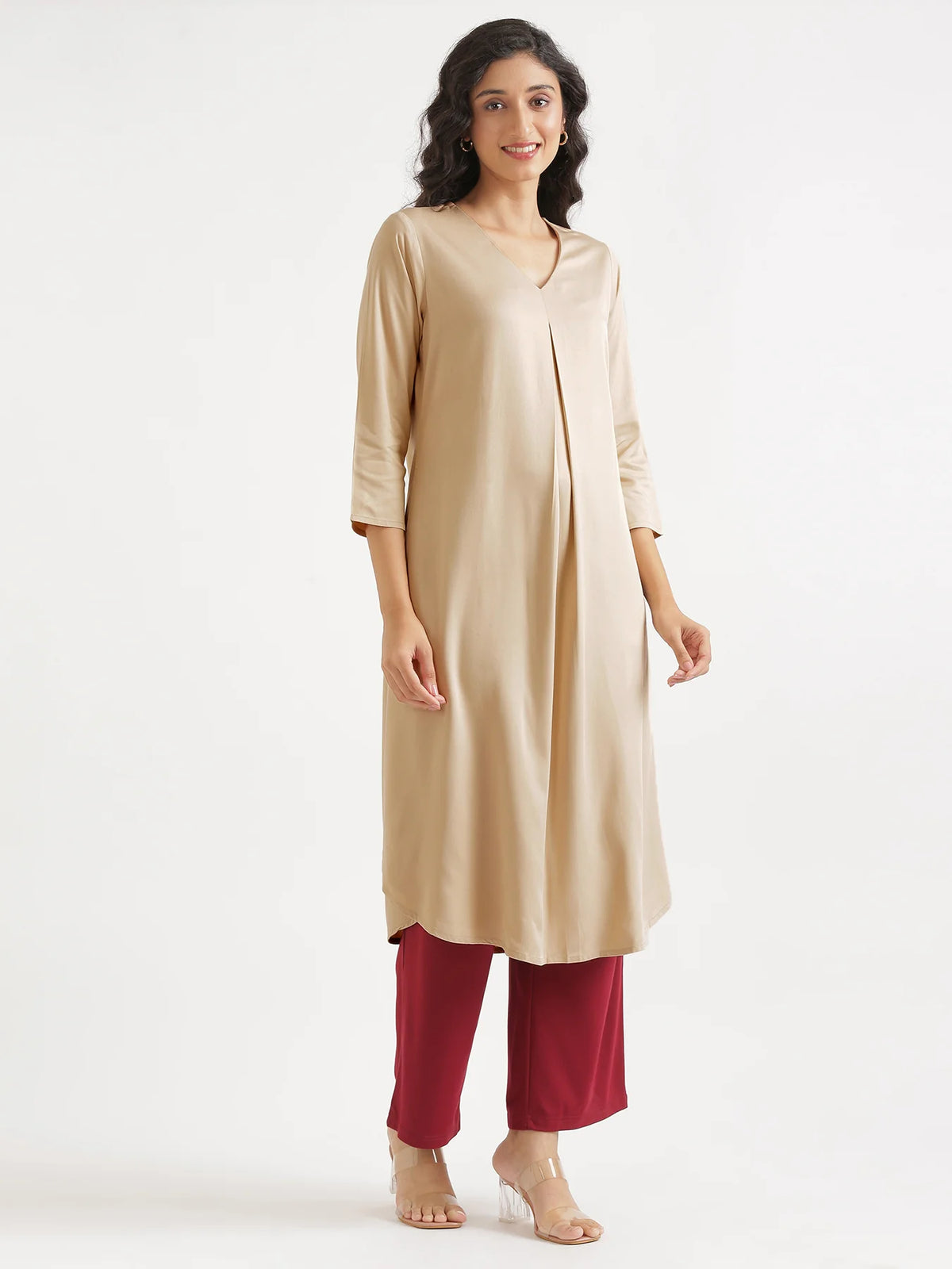 Women Taupe Flowy Pleated Kurta