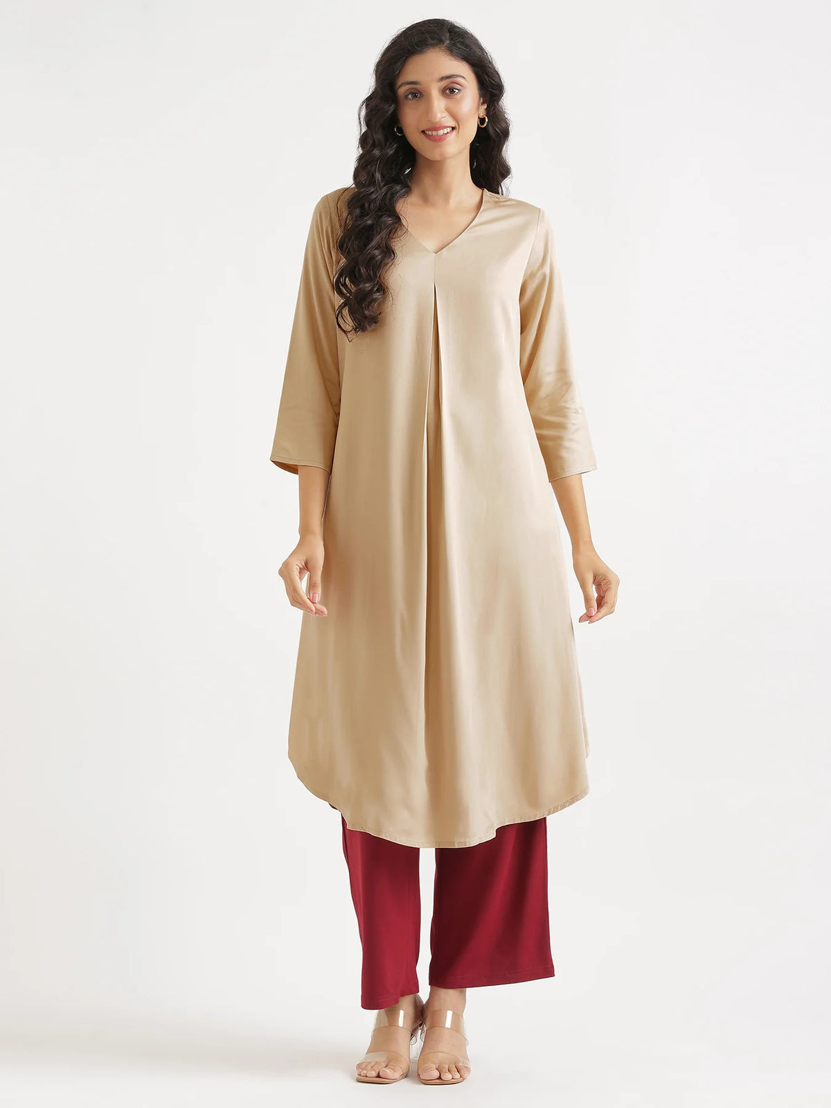 Women Taupe Flowy Pleated Kurta