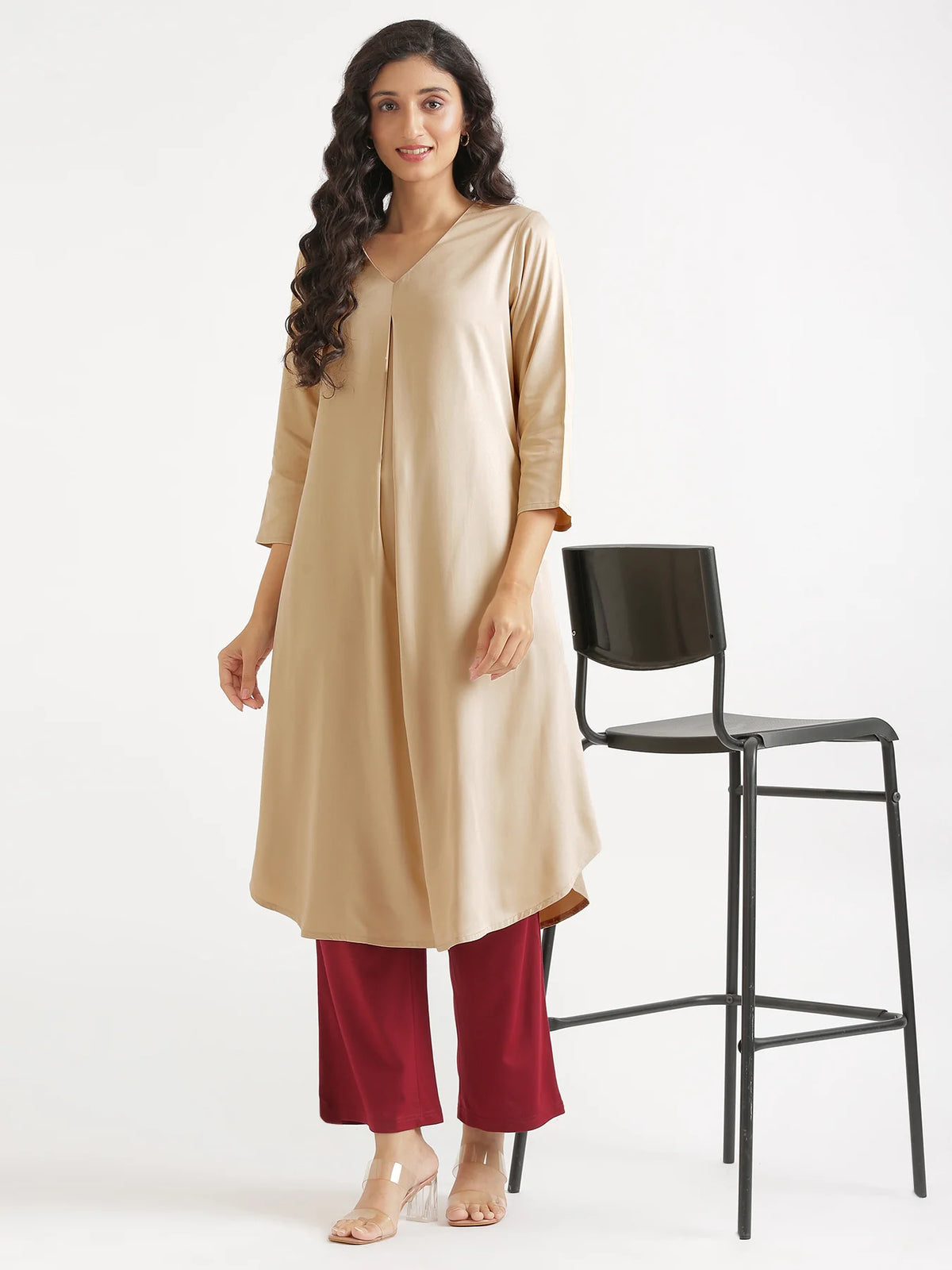 Women Taupe Flowy Pleated Kurta