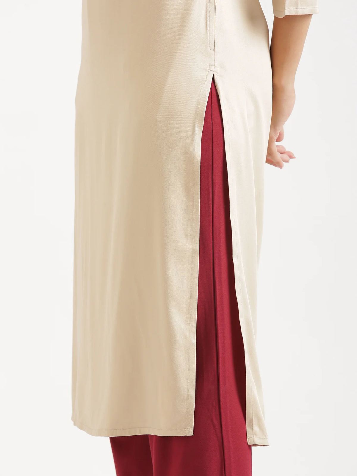 Women Beige Flowy Straight Long Kurta
