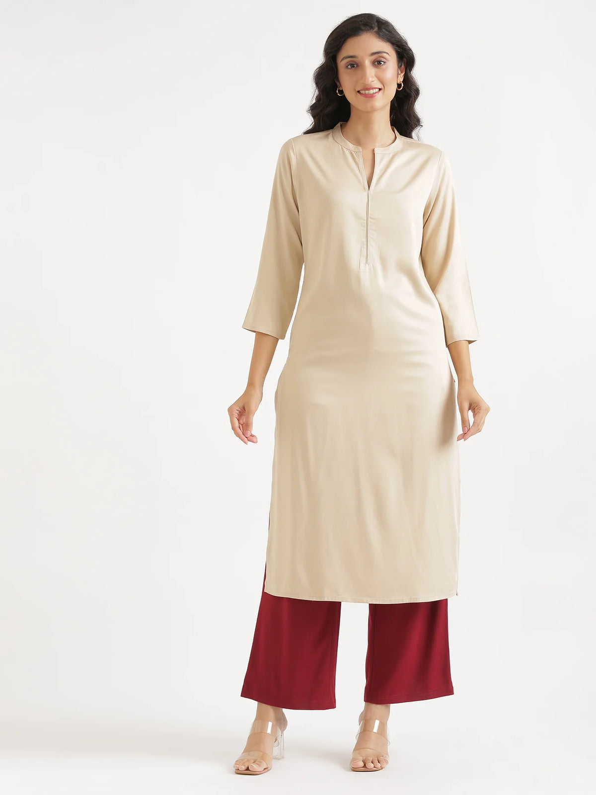 Women Beige Flowy Straight Long Kurta