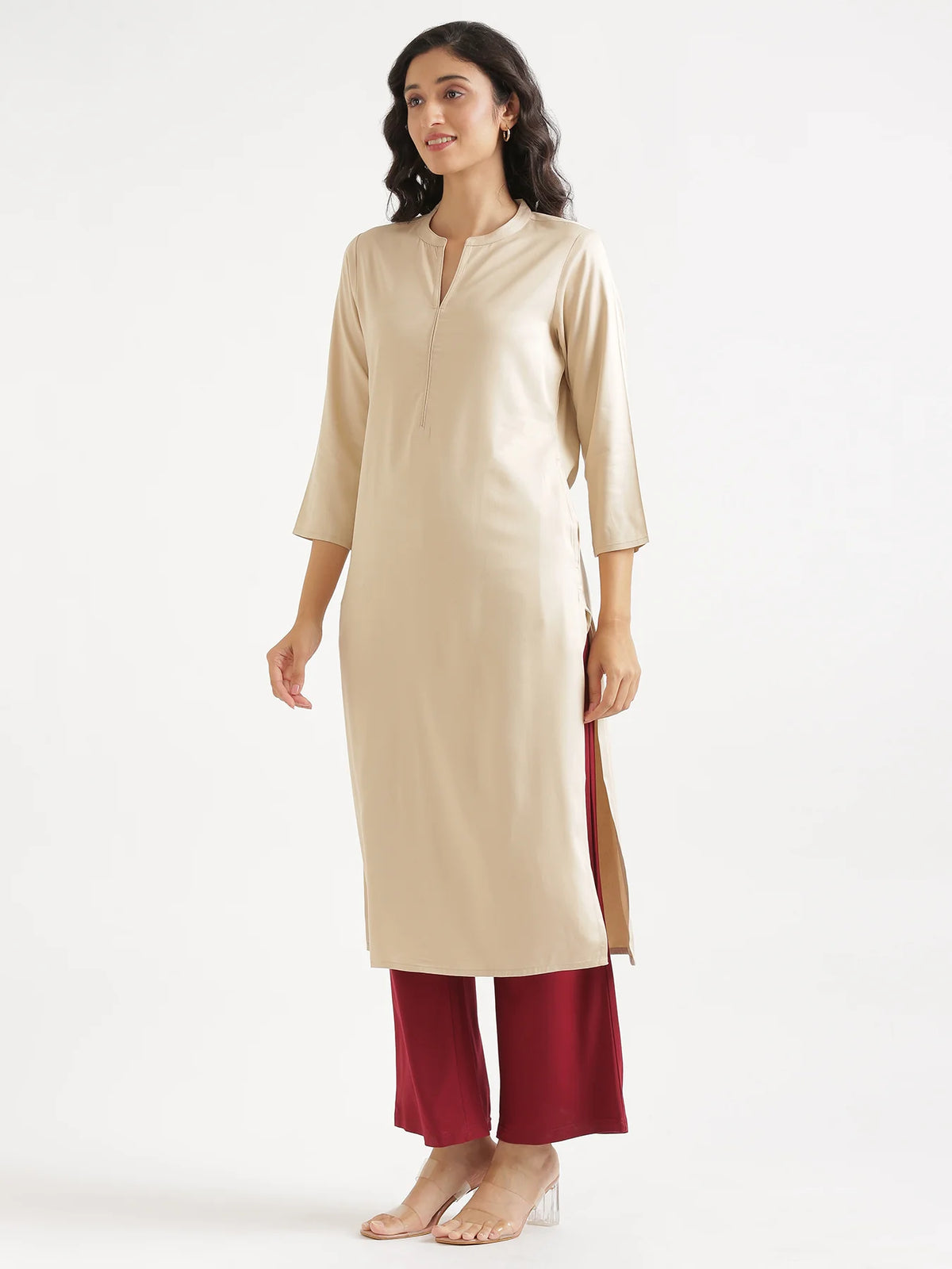 Women Beige Flowy Straight Long Kurta