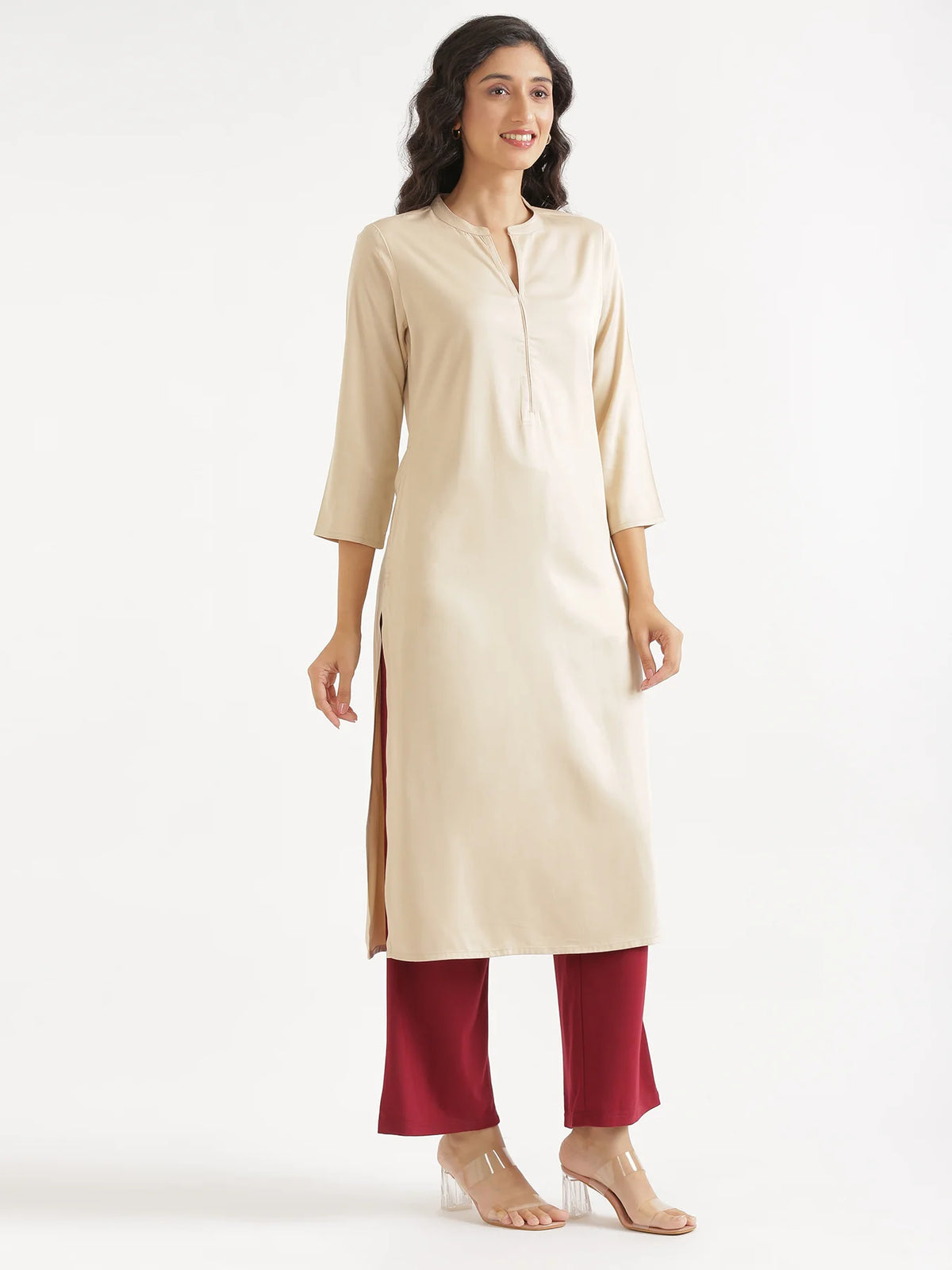 Women Beige Flowy Straight Long Kurta