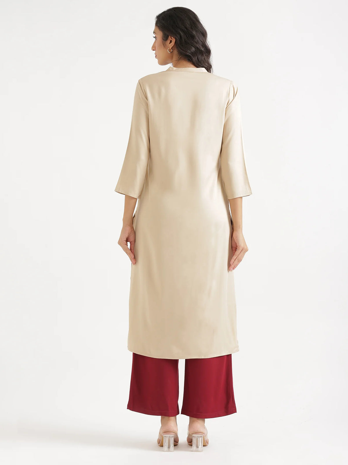 Women Beige Flowy Straight Long Kurta