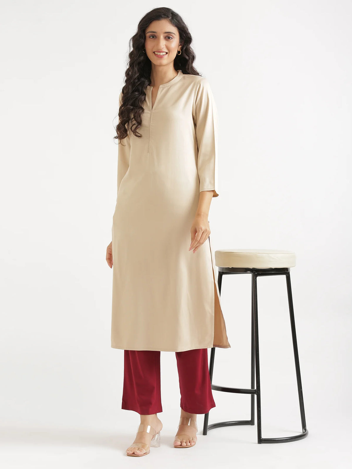 Women Beige Flowy Straight Long Kurta