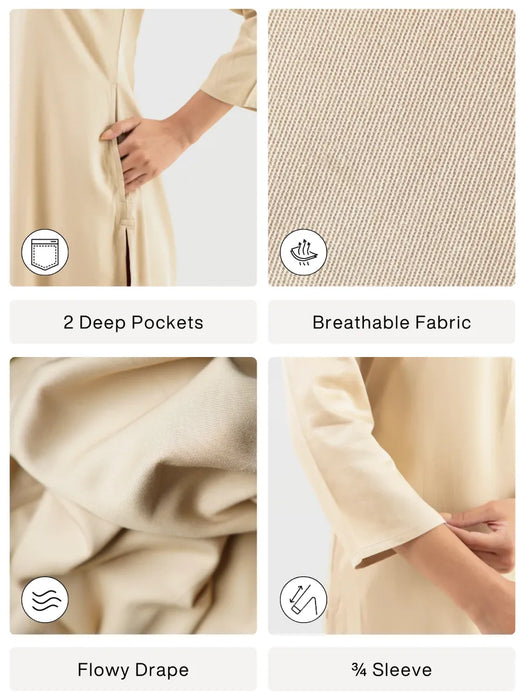 Women Beige Flowy Straight Long Kurta