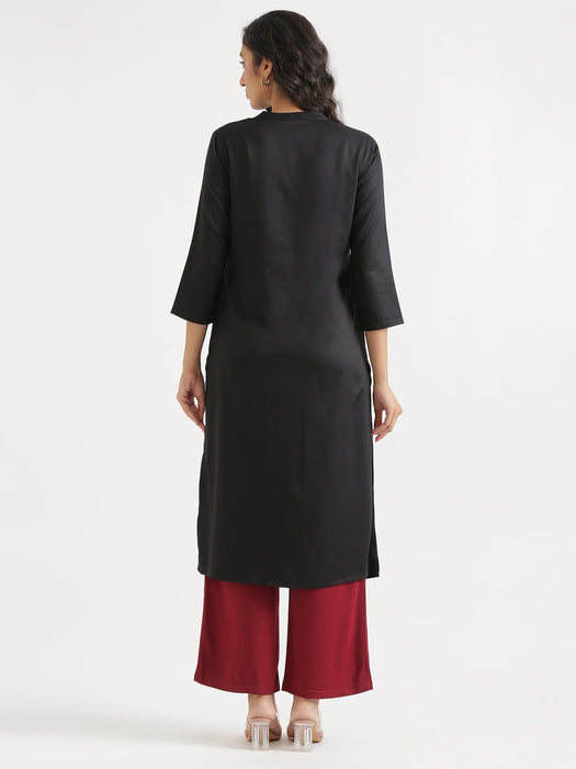 Women Black Flowy Straight Long Kurta