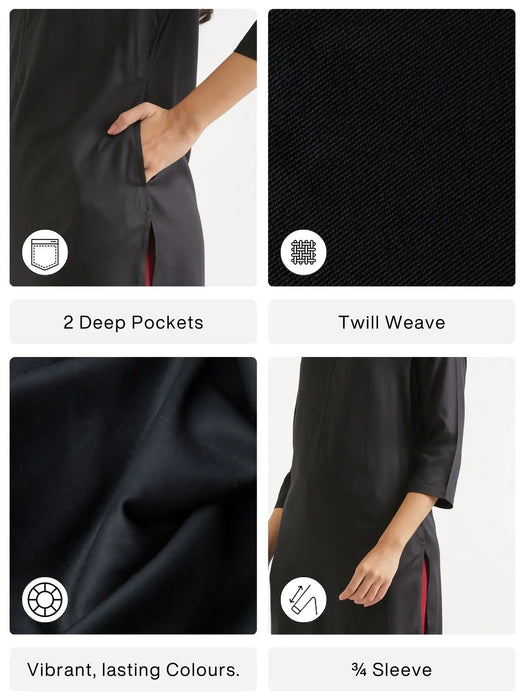Women Black Flowy Straight Long Kurta