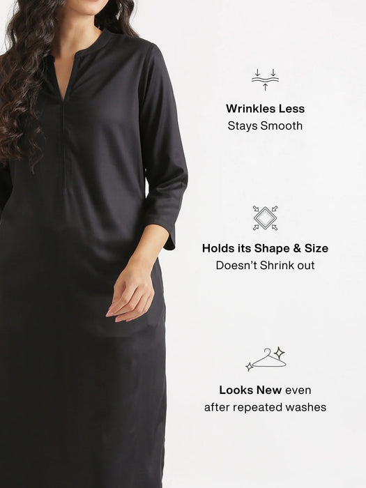 Women Black Flowy Straight Long Kurta