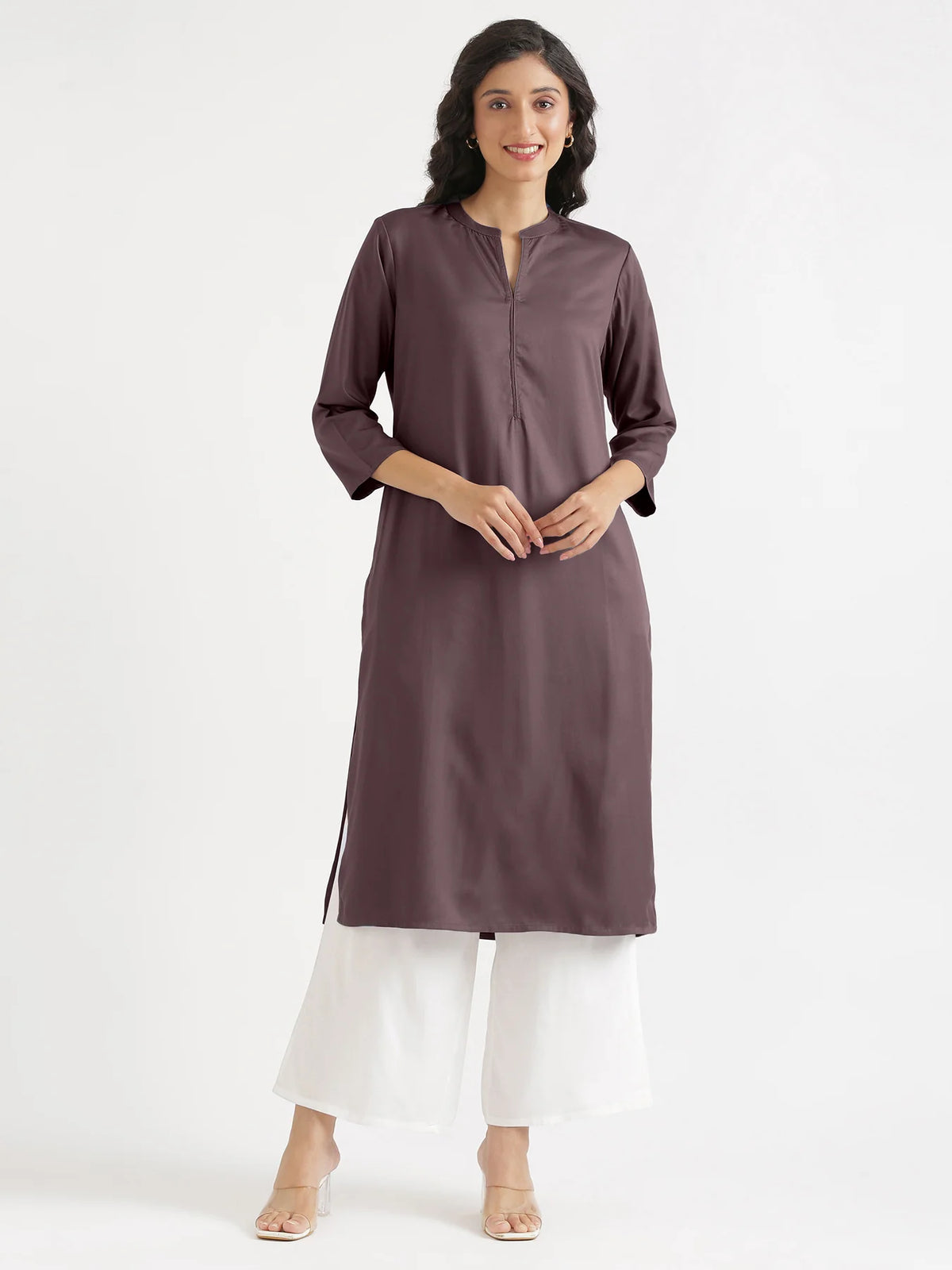 Women Brinjal Flowy Straight Long Kurta
