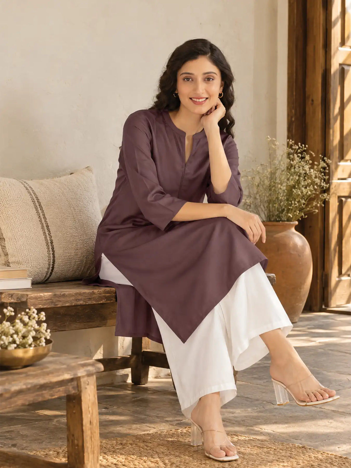 Women Brinjal Flowy Straight Long Kurta