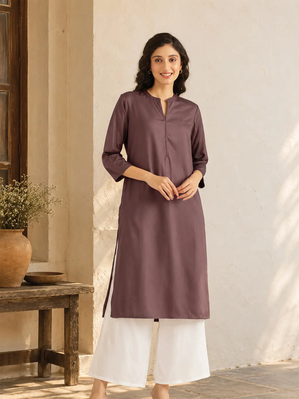 Women Brinjal Flowy Straight Long Kurta