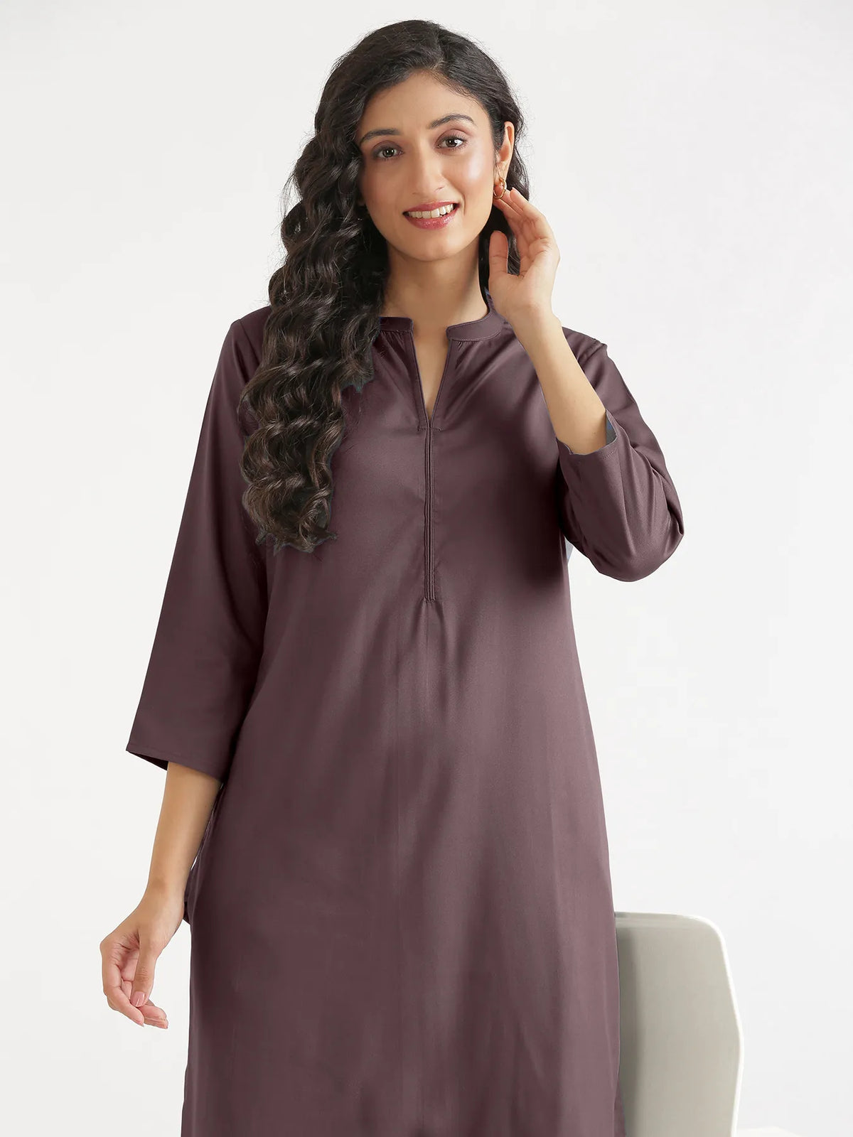 Women Brinjal Flowy Straight Long Kurta