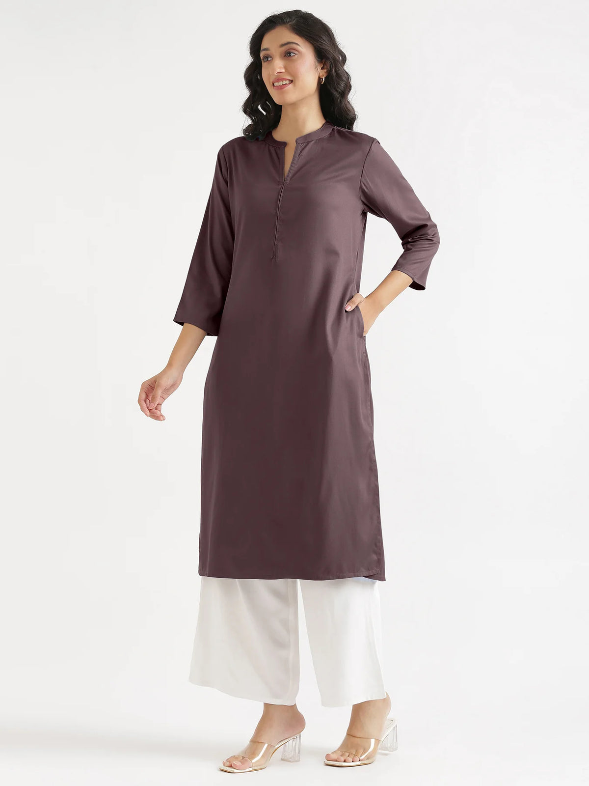Women Brinjal Flowy Straight Long Kurta