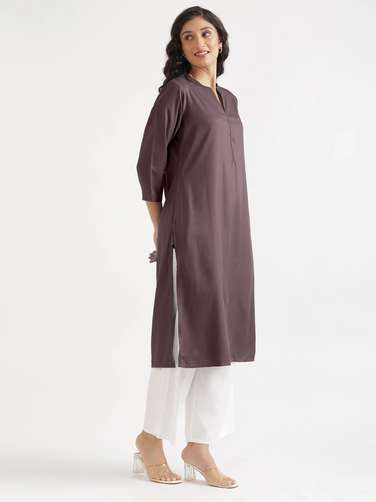 Women Brinjal Flowy Straight Long Kurta