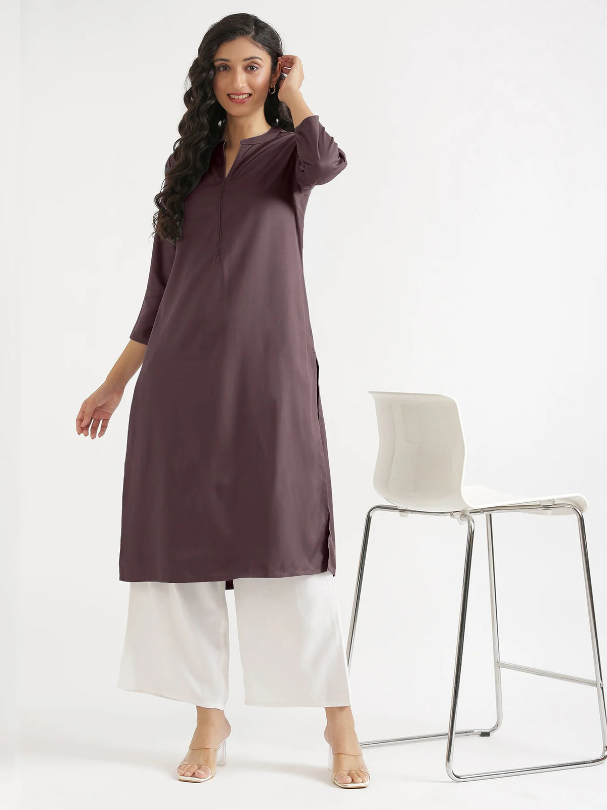 Women Brinjal Flowy Straight Long Kurta