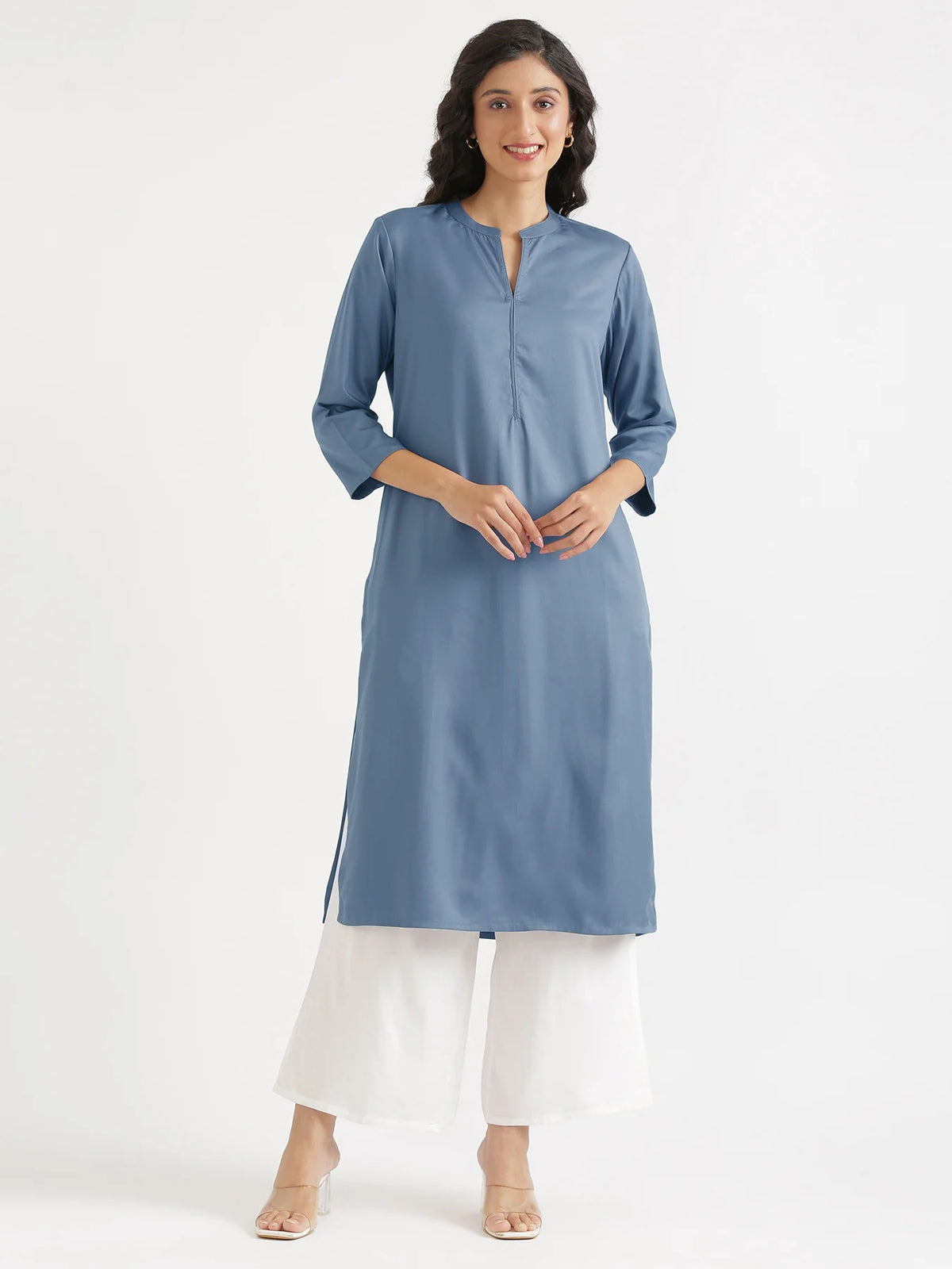 Women English Blue Flowy Straight Long Kurta
