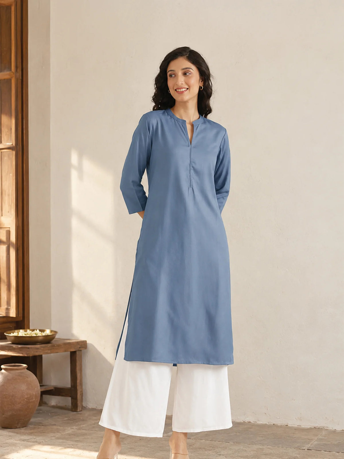 Women English Blue Flowy Straight Long Kurta