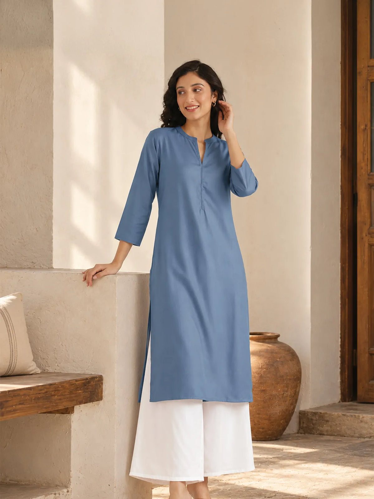 Women English Blue Flowy Straight Long Kurta