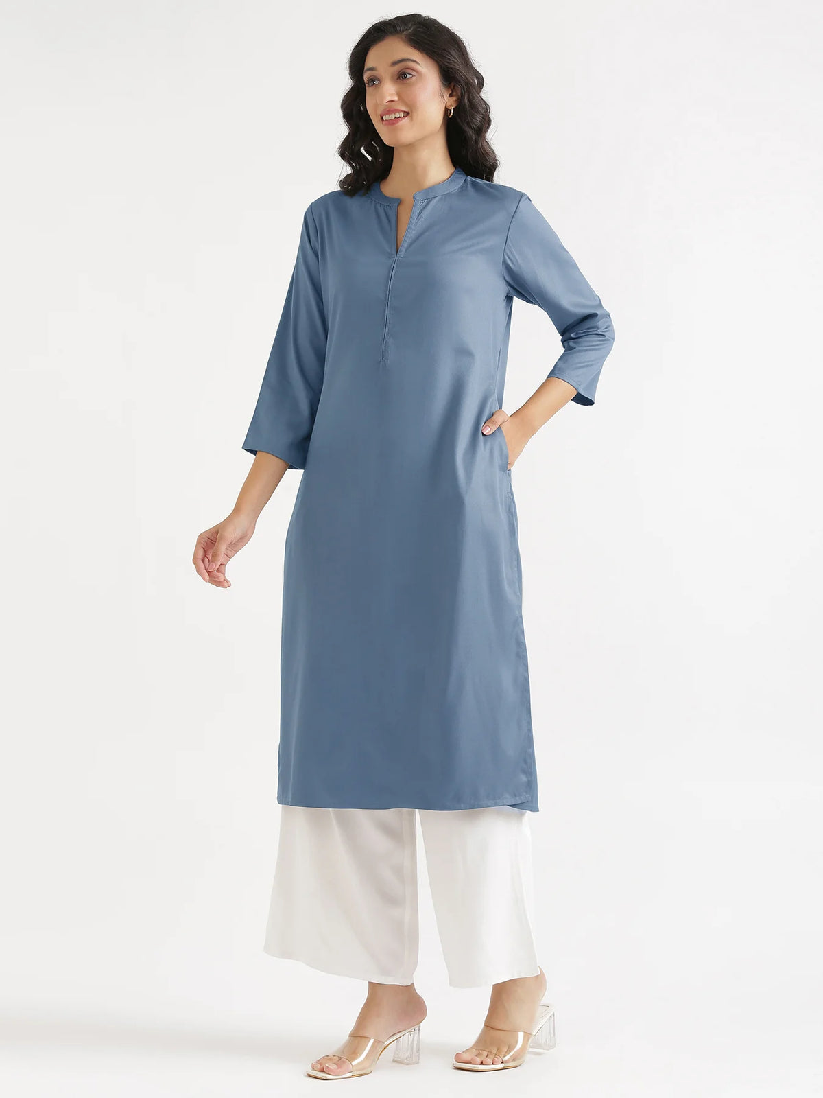 Women English Blue Flowy Straight Long Kurta