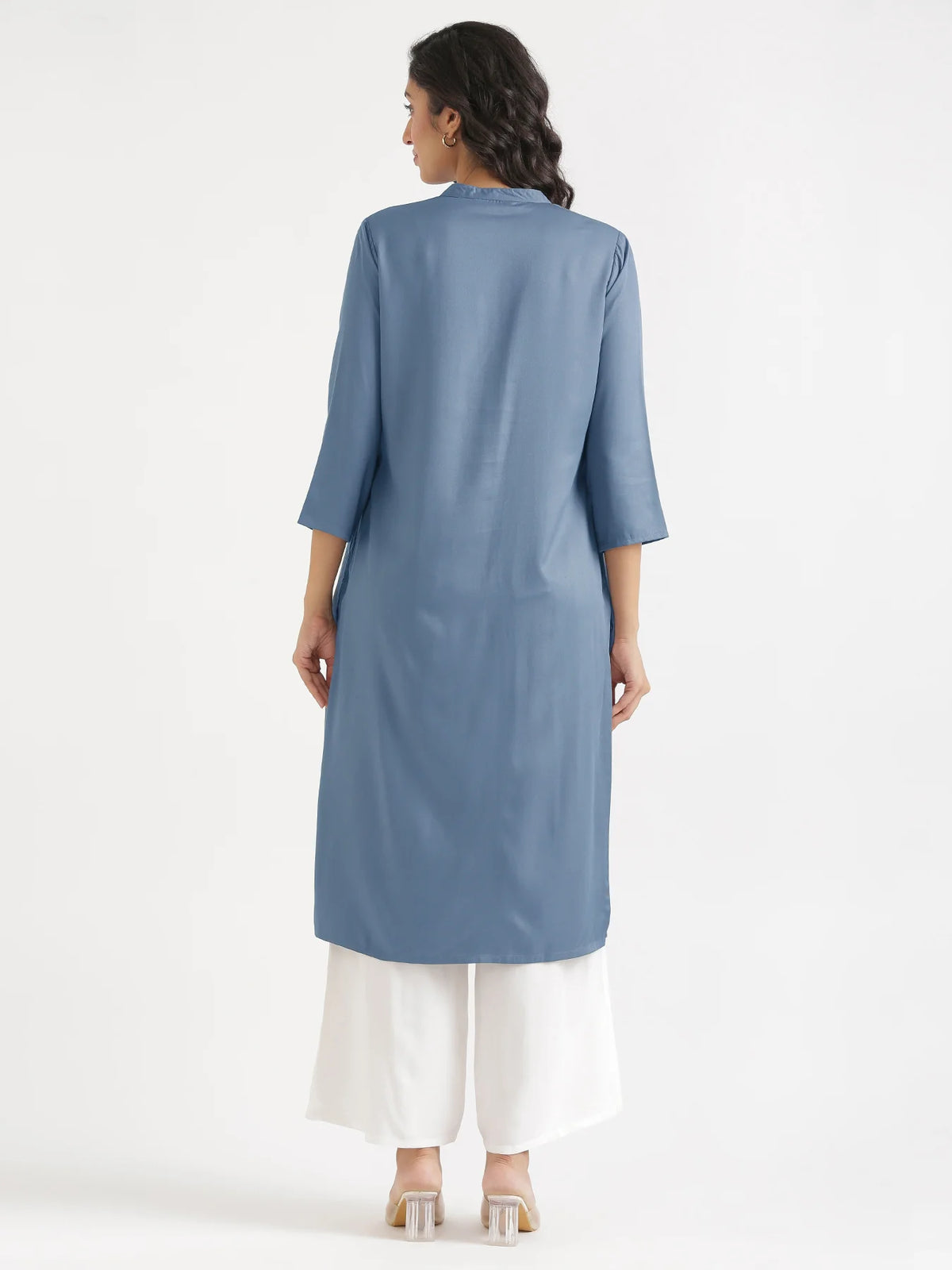 Women English Blue Flowy Straight Long Kurta