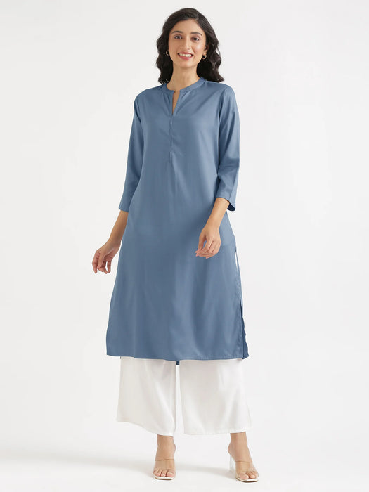 Women English Blue Flowy Straight Long Kurta