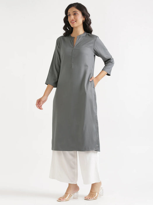 Women Grey Flowy Straight Long Kurta