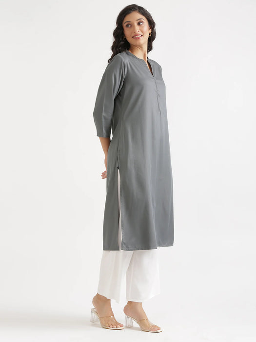 Women Grey Flowy Straight Long Kurta