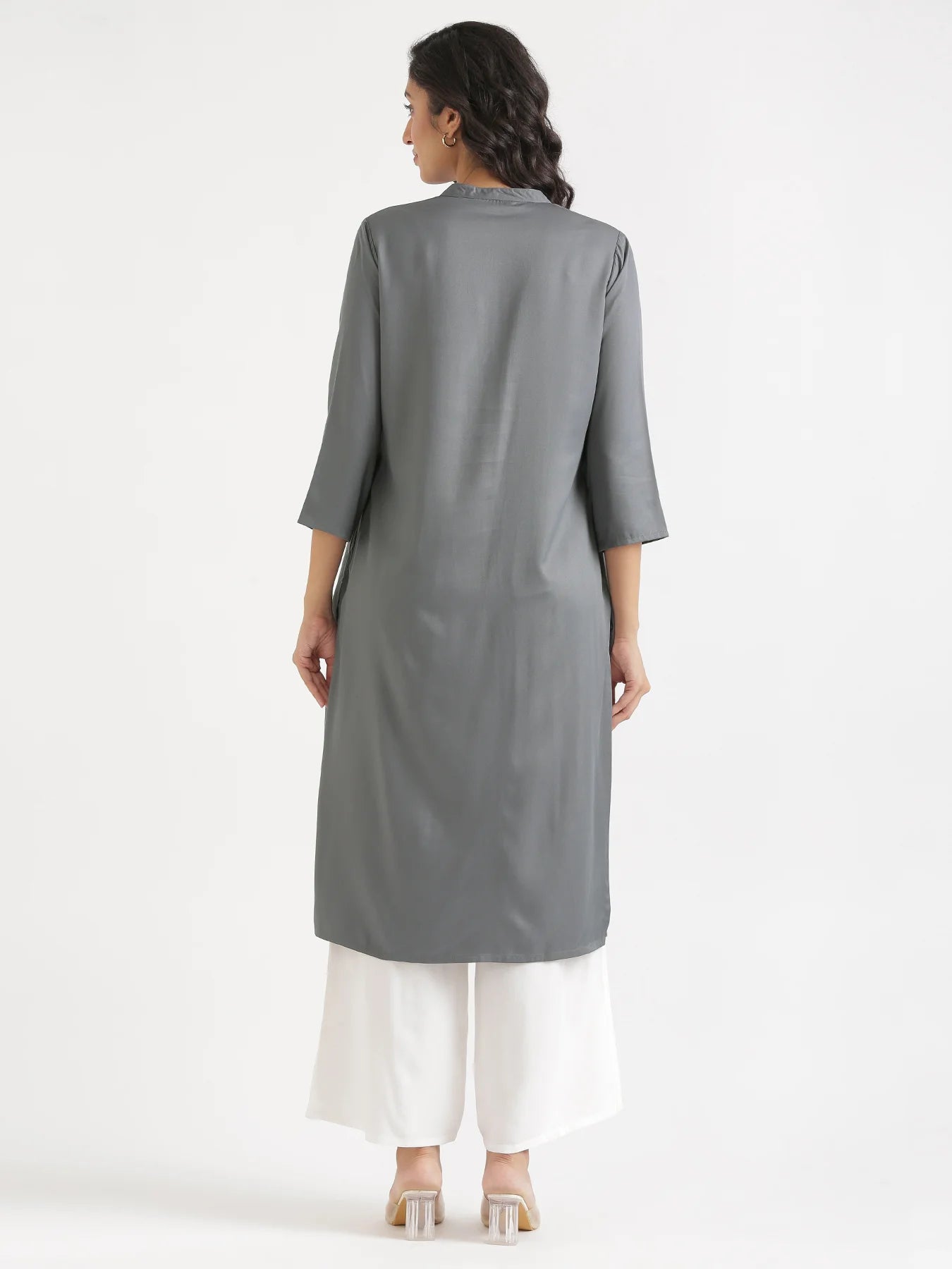 Women Grey Flowy Straight Long Kurta