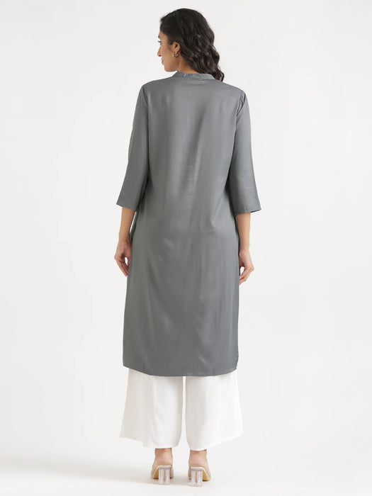 Women Grey Flowy Straight Long Kurta