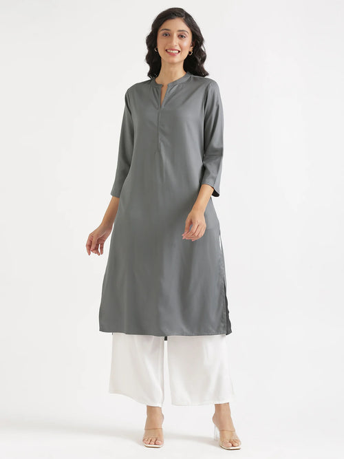 Women Grey Flowy Straight Long Kurta