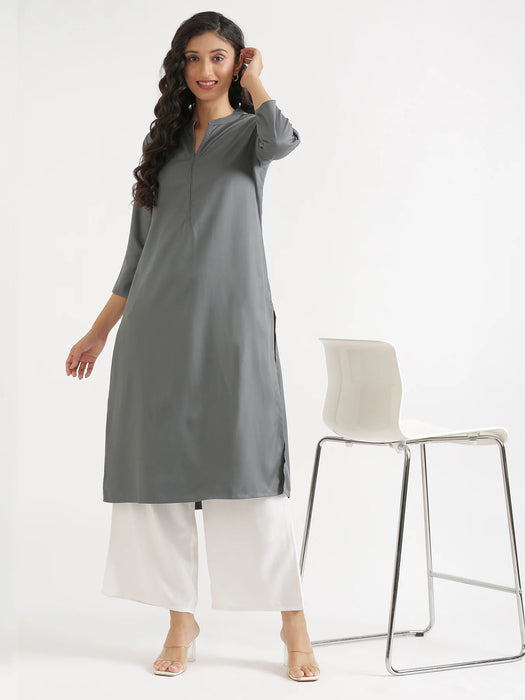 Women Grey Flowy Straight Long Kurta