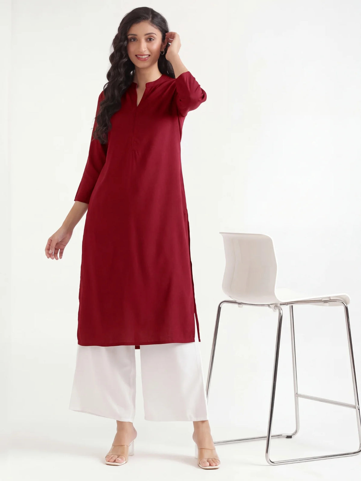 Women Maroon Flowy Straight Long Kurta